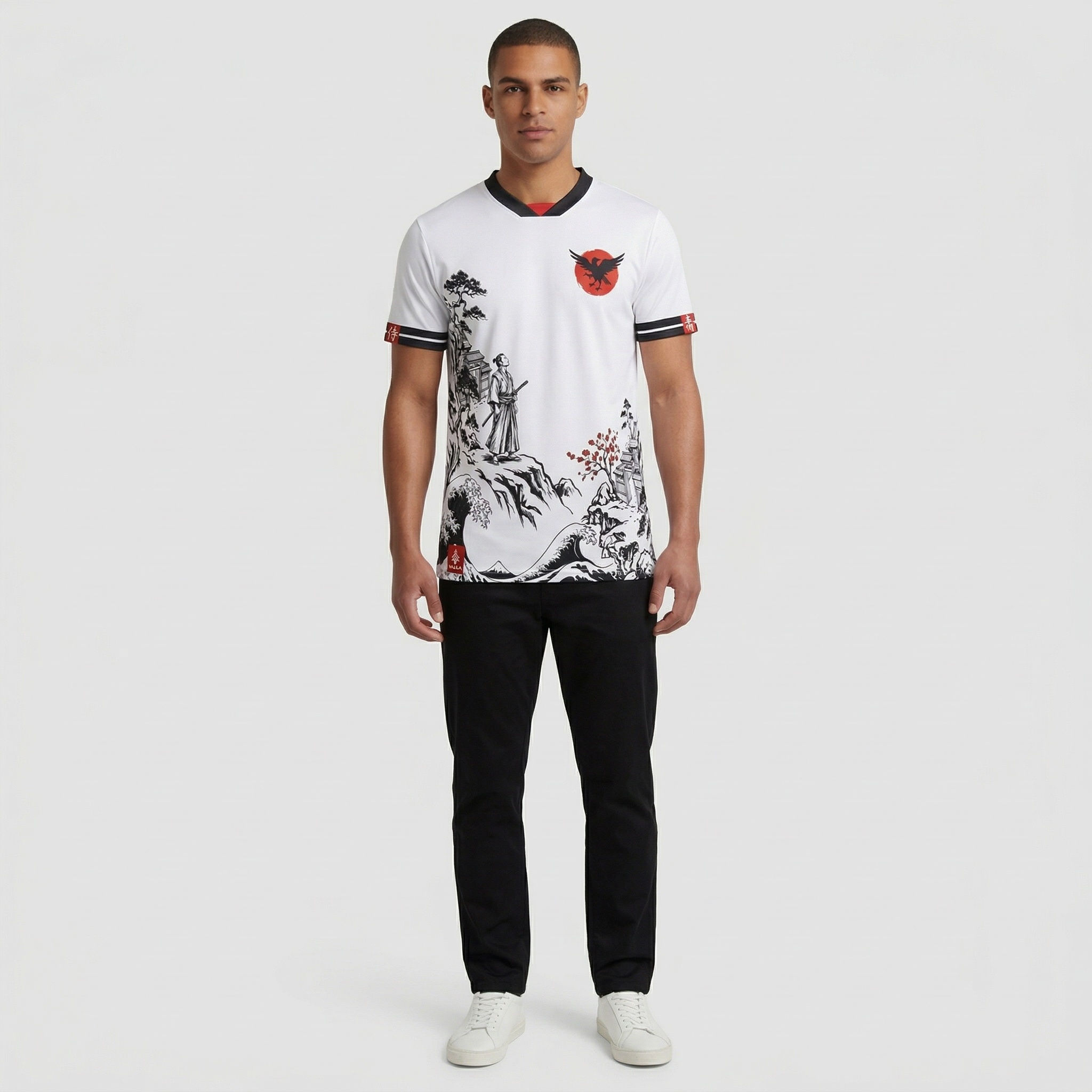 Japan custom soccer jersey worn on body in studio highlighting fit and minimalist landscape design