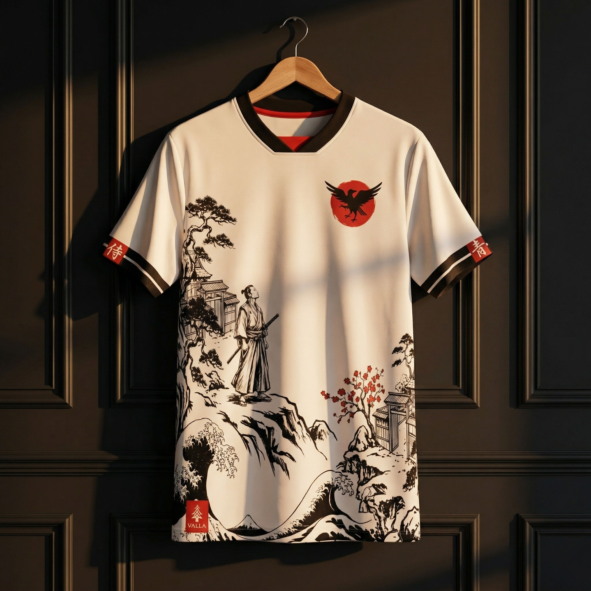 Japan inspired custom soccer kit front view with white base and traditional Japanese landscape design