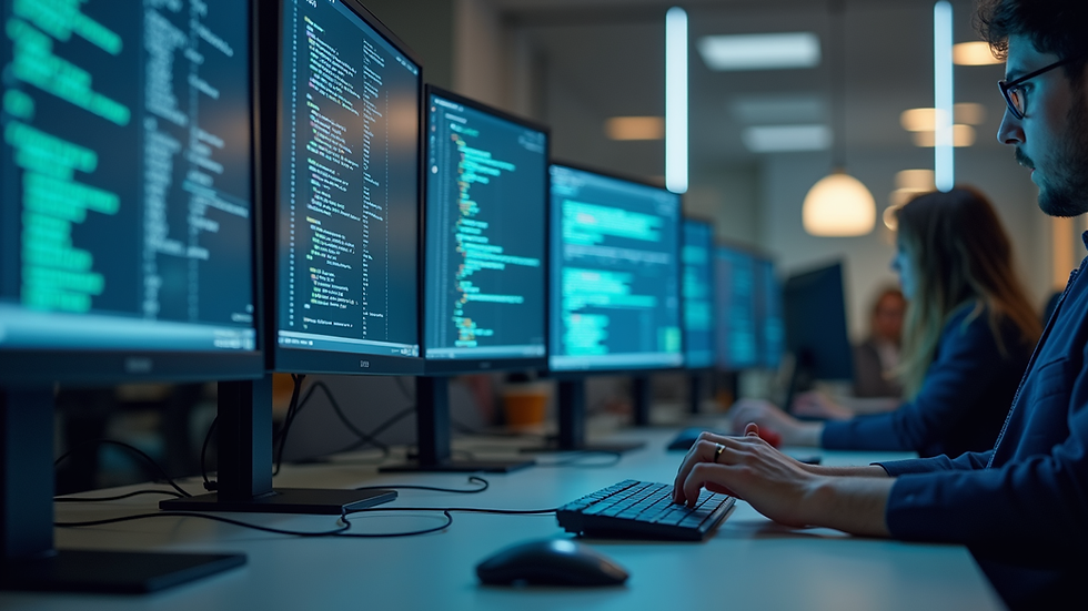 Eye-level view of a modern office with multiple computer screens displaying code and data analytics
