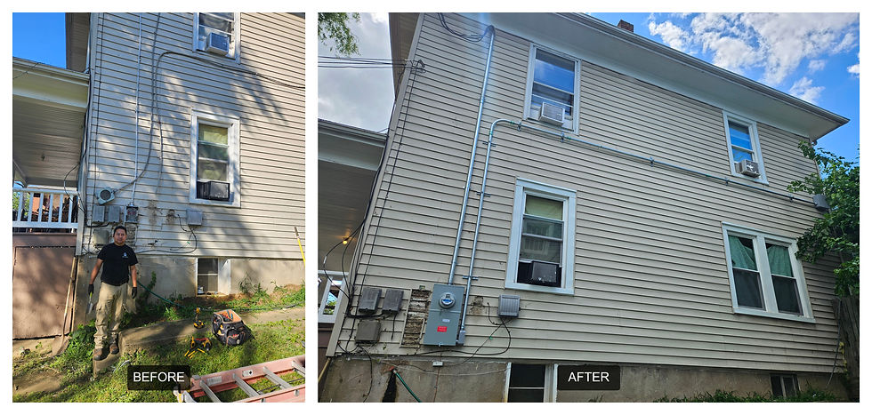 Nestor shows off the before— exposed conductors and a service split up into two duplex units. After— we installed a code-compliant meter disconnect combo and steel conduit to both breaker panels inside.