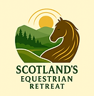 Logo - golden sun over hills and forest with a relaxed horse