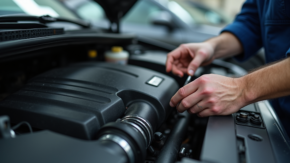 Close-up view of a car engine being inspected