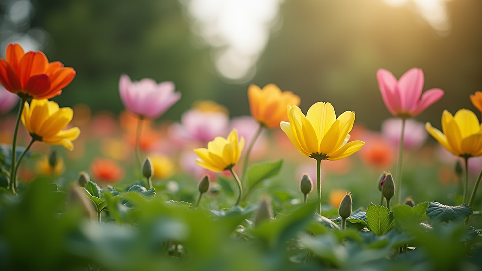 Eye-level view of a tranquil garden with colorful flowers
