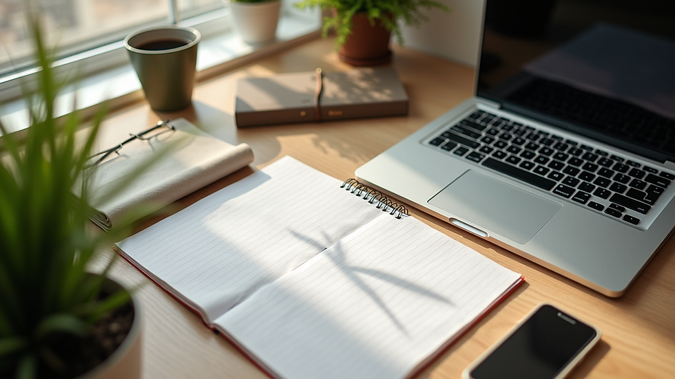 High angle view of an organized workspace with natural light