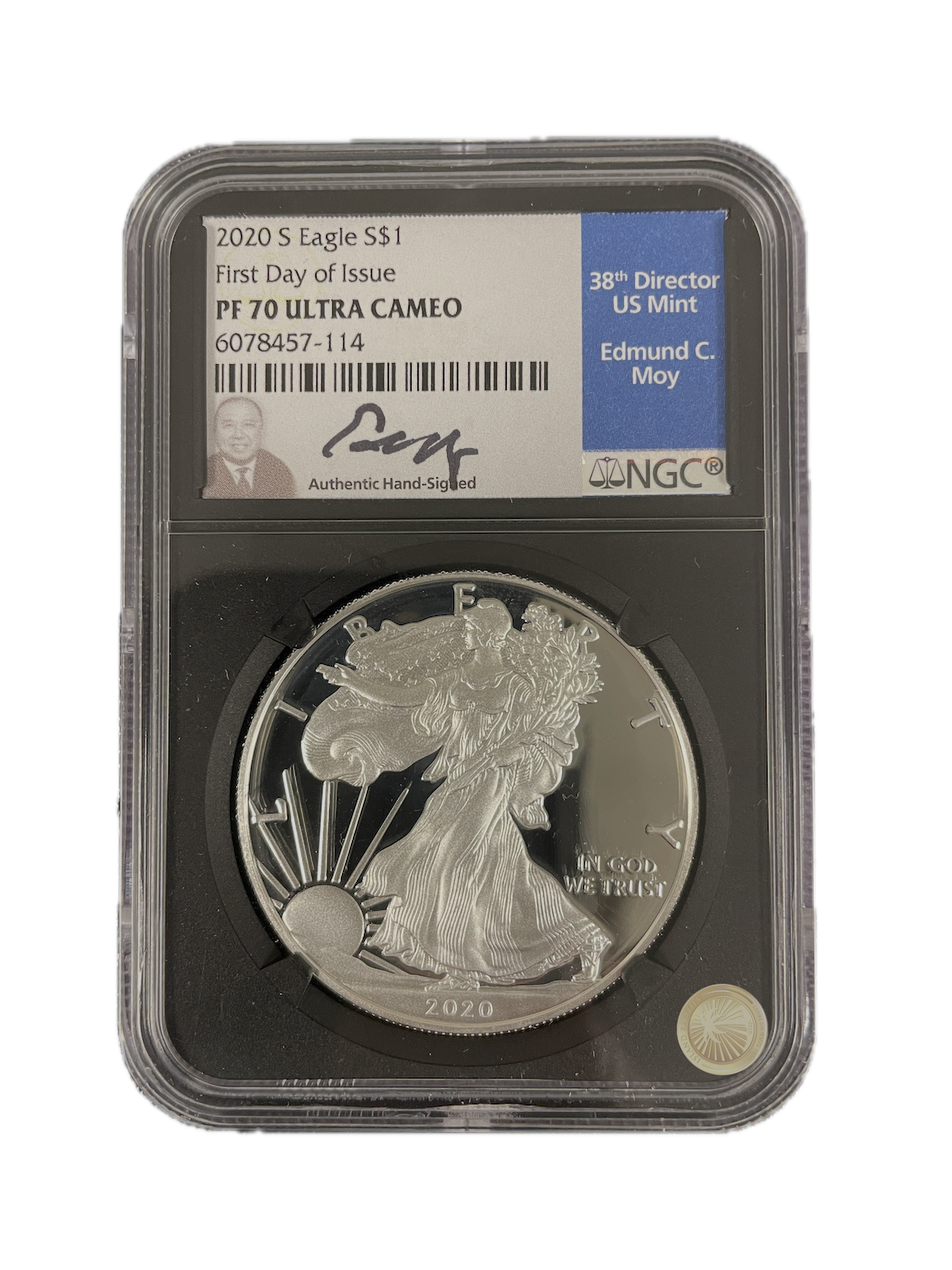 2020 S Edmund C. Moy PF70 Ultra Cameo NGC FDOI Silver Eagle