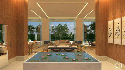 This rendering captures the serene and luxurious entry to the Villa Suite at the Echelon Resort. A striking elevated koi pond, adorned with floating lily pads, creates a tranquil arrival experience in front of the private elevator. Beyond, the living room unfolds with floor-to-ceiling glass doors that seamlessly connect the interior to the private pool, blending indoor and outdoor living. Designed to offer exclusivity and refinement, this space embodies the resort’s vision of high-end hospitality and immersive luxury.