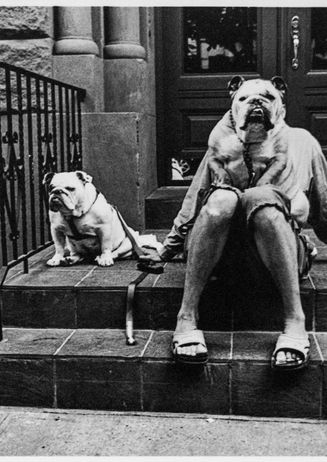 Deux chiens et leur maitre assis devant sa porte. Un de ses chiens est sur ces genoux et cela créer une illusion d'optique : la t^te de son chien est au niveau de sa tête à lui.