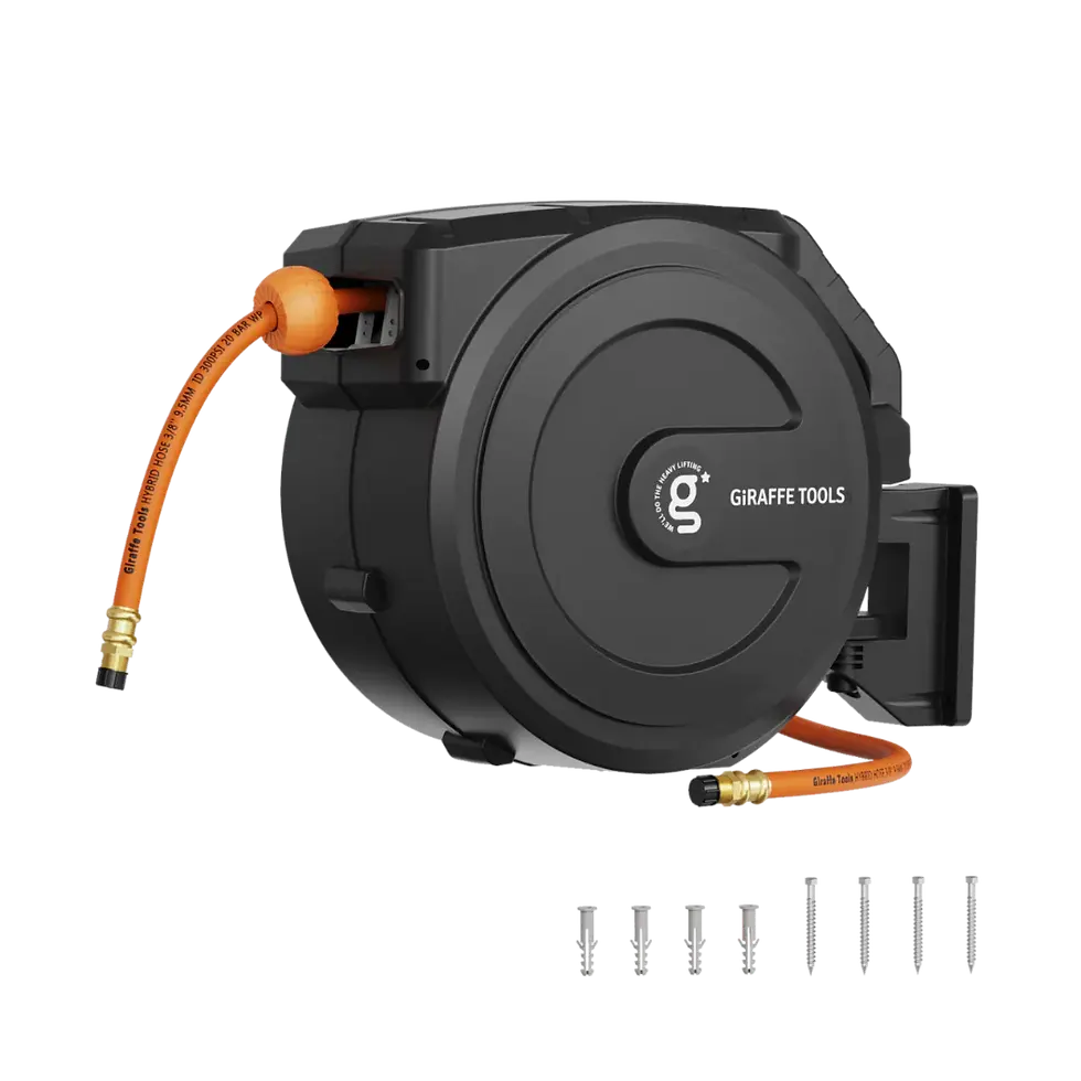 GRIPPE TOOLS automatic hose reel with orange hose and screws