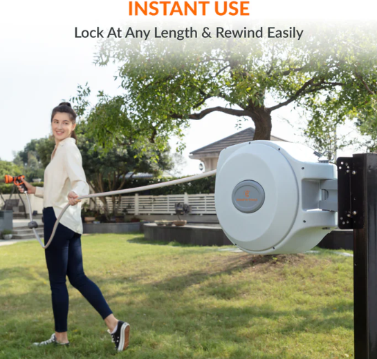 Retractable clothesline in use, INSTANT USE, locks, rewinds easily.