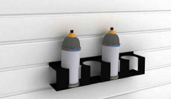 Black slatwall spray can holder with two cans