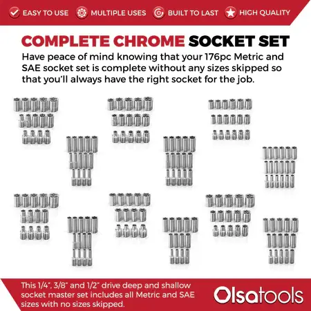 Olsa Chrome Socket Sets - 1/4"+3/8"+1/2" Metric & SAE (Deep & Shallow)