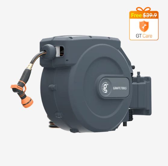 Dark gray hose reel with orange hose and nozzle