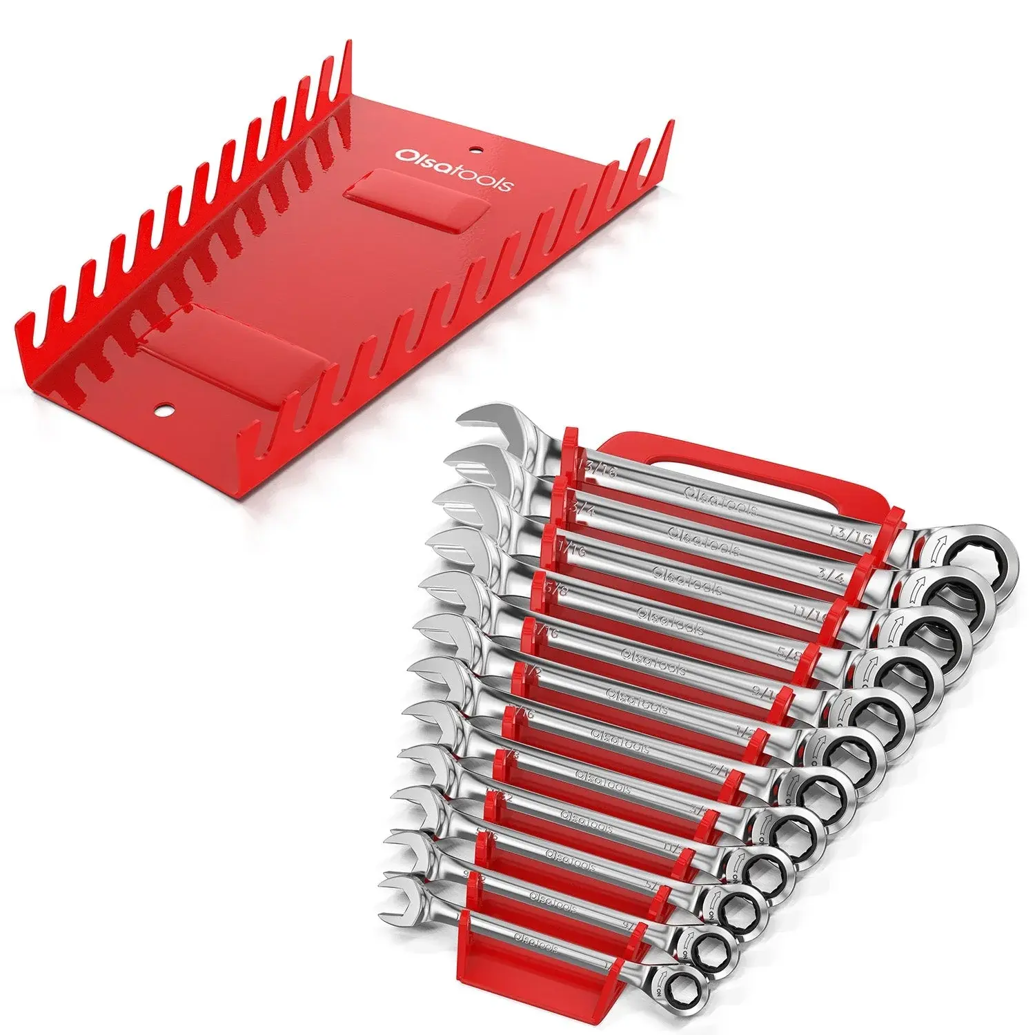 Olsa Ratcheting Wrench Set with Magnetic Wrench Organizer - Fixed Head SAE