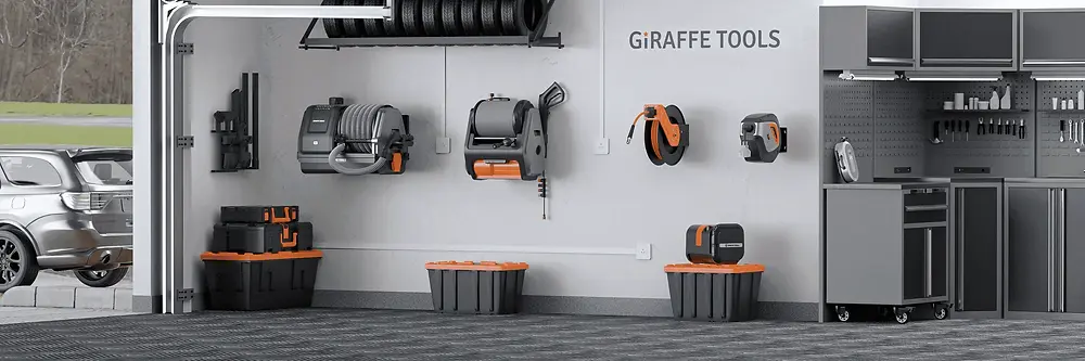 Organized garage with tools and storage cabinets