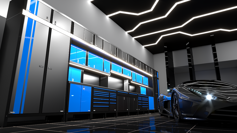 Sleek garage with glowing blue storage and futuristic car