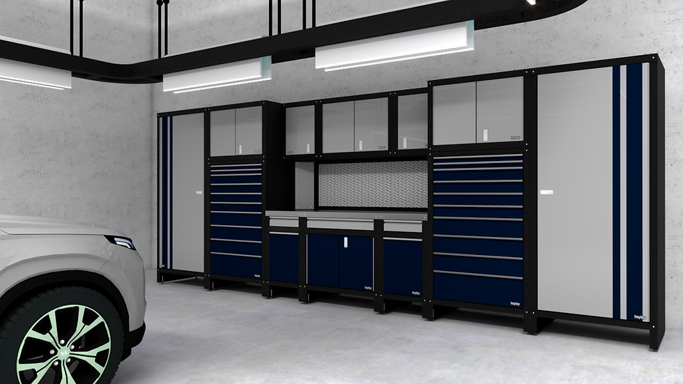 Thumbnail: Garage with blue and gray storage cabinets and car