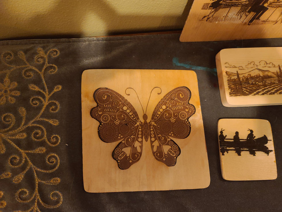 Coasters with Unique Custom Designs: These laser woodburned coasters feature intricate patterns and a natural wood finish, adding a stylish touch to any setting. - Top View