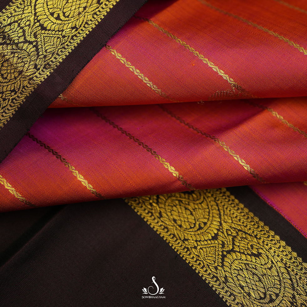 Thumbnail: peach and brown kanjivaram silk saree, pure kanjivaram silk, sowbhaagyam, original kanjivaram silk saree
