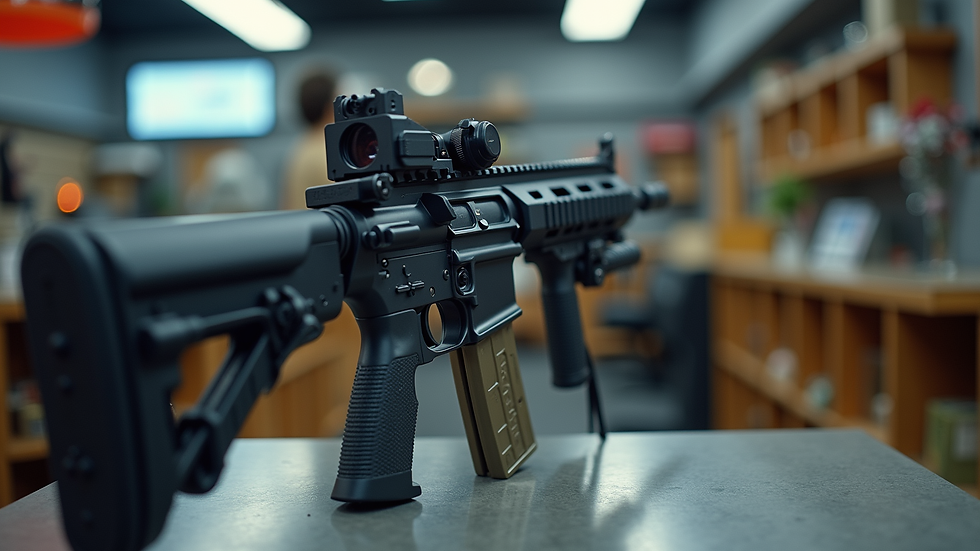 eye-level view of customized airsoft gun on display stand