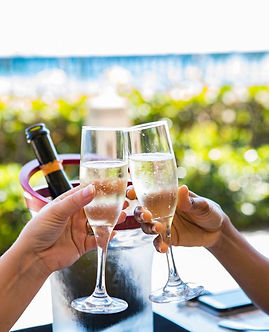 Champagne glasses are being raised in a toast overlooking the garden and pier on the ocean.