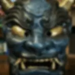 Blue Ao-Oni cracked mask with gold details, hand-painted PETG, Dai Yokai
