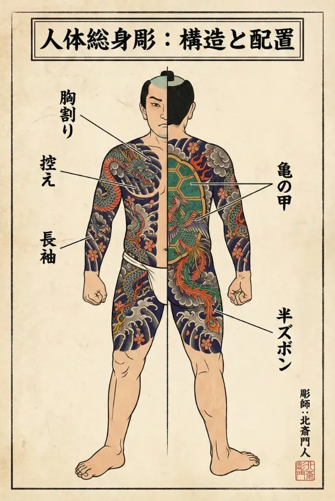 Estampe japonaise ukiyo-e sous forme de diagramme détaillant l'anatomie d'un tatouage intégral (bodysuit), avec des légendes pour les zones comme le munewari (ouverture centrale) et le kame-no-kō (dos de tortue).