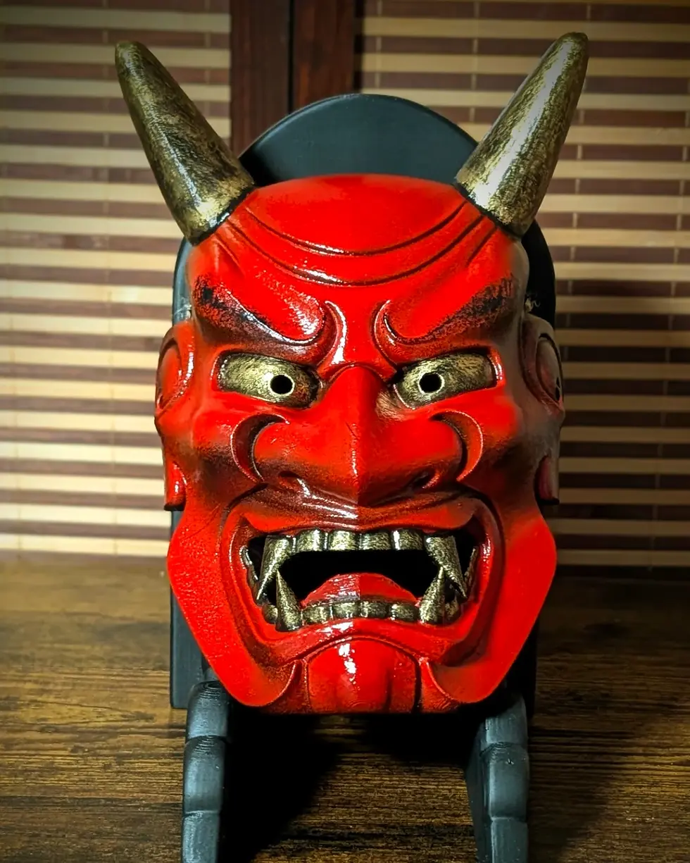 Miniature : Masque Ondeko démon japonais rouge sur support mural, Dai Yokai