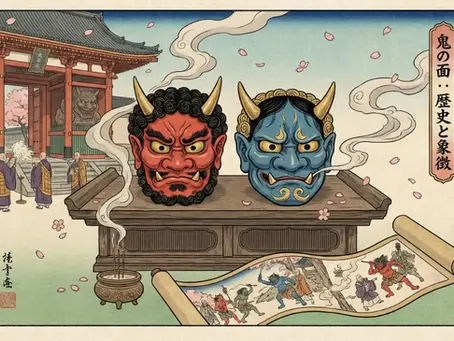 Estampe japonaise ukiyo-e avec un masque oni rouge et un masque hannya bleu