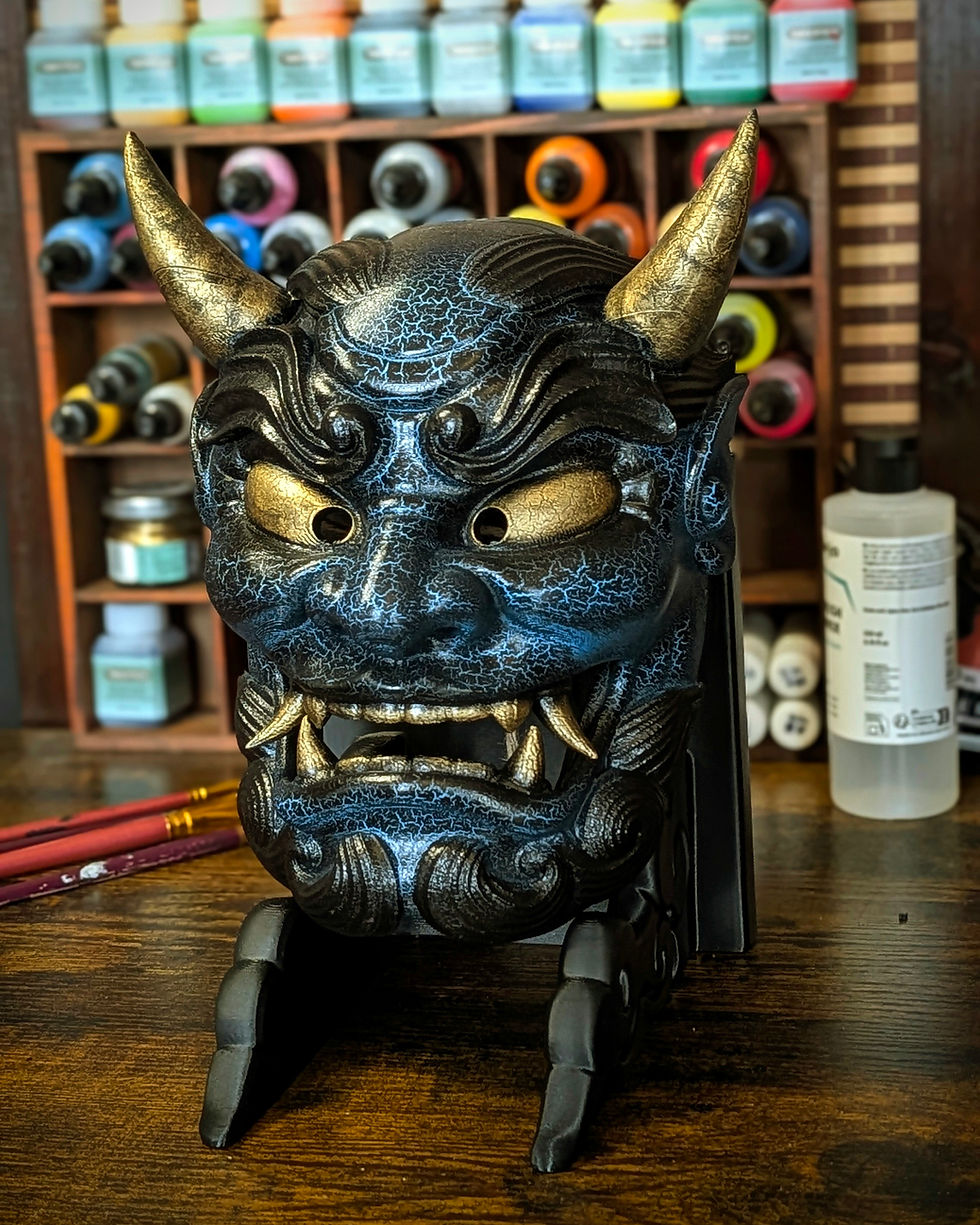 Masque Oni Gawara bleu antique finition craquelée
