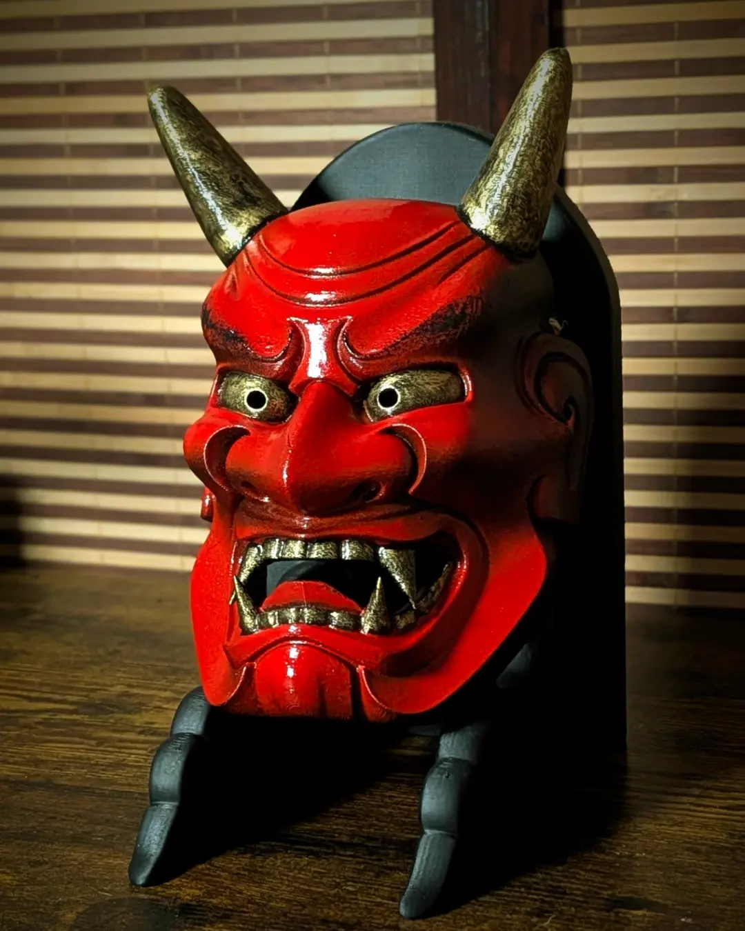Masque Oni Ondeko rouge fait main, détails peinture, Dai Yokai