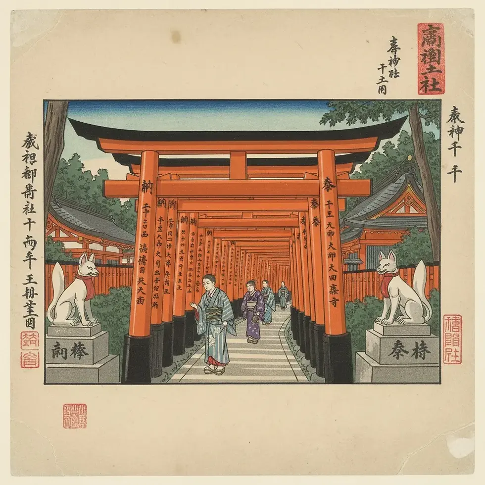 Vermilion torii tunnel at the Fushimi Inari-taisha shrine in Kyoto, dedicated to the kami Inari Ōkami