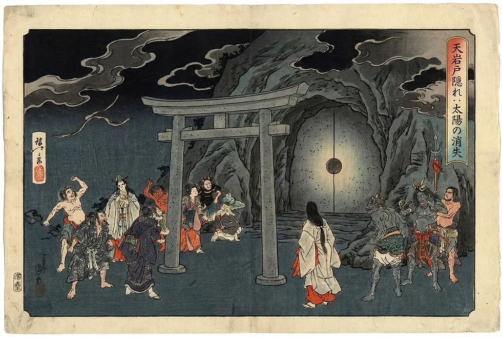 Estampe japonaise ukiyo-e illustrant la légende où Amaterasu se cache dans la grotte céleste, plongeant le monde dans l'obscurité. On y voit des divinités et des esprits inquiets rassemblés devant l'entrée fermée de la grotte, marquée par un torii.