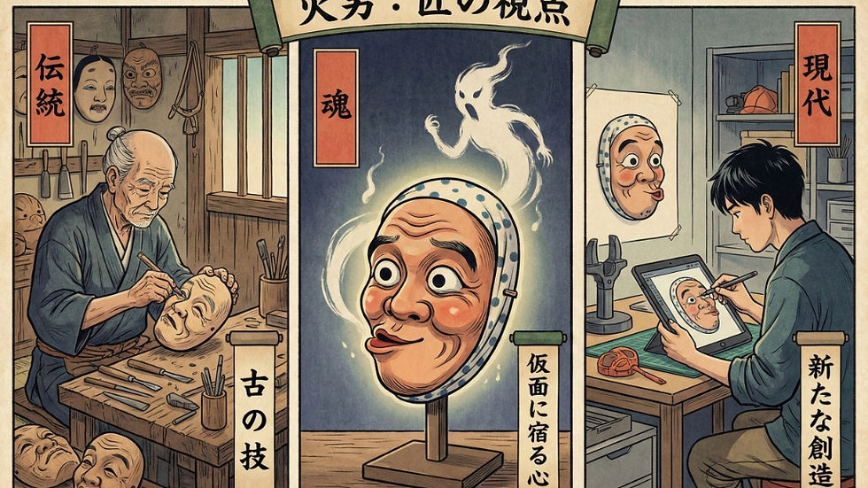 Estampe japonaise ukiyo-e en triptyque explorant la fabrication du masque Hyottoko : la sculpture traditionnelle par un maître artisan, la représentation de "l'âme" spirituelle du masque, et la création contemporaine numérique par un jeune artiste.