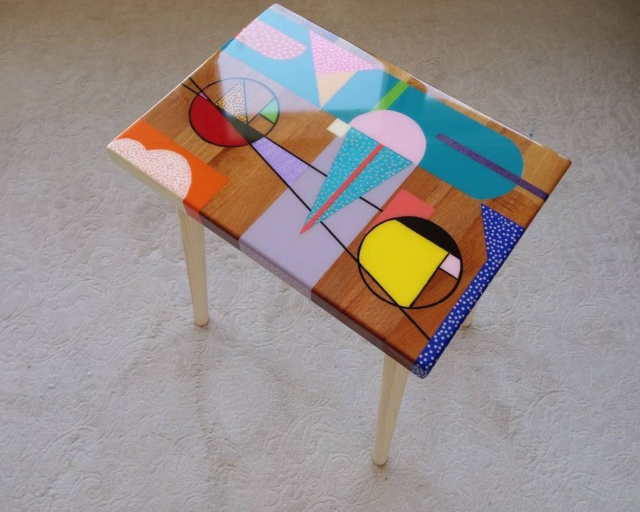 Small Wooden Abstract Multicolor Resin Boho Side Coffee Table