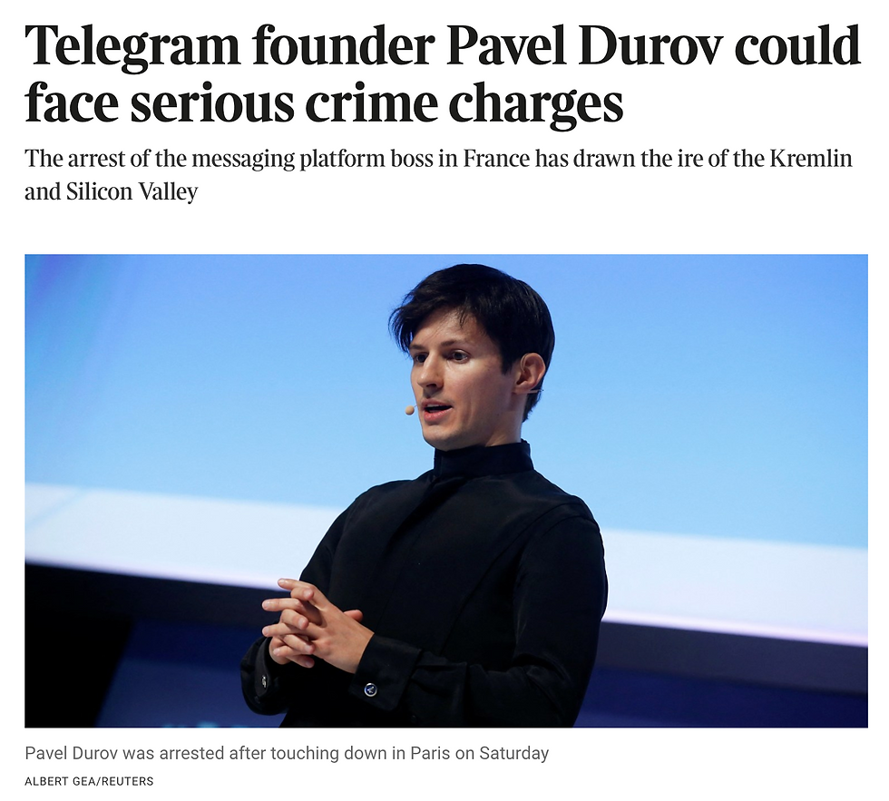 Telegram founder Pavel Durov could face serious crime charges (The Times)