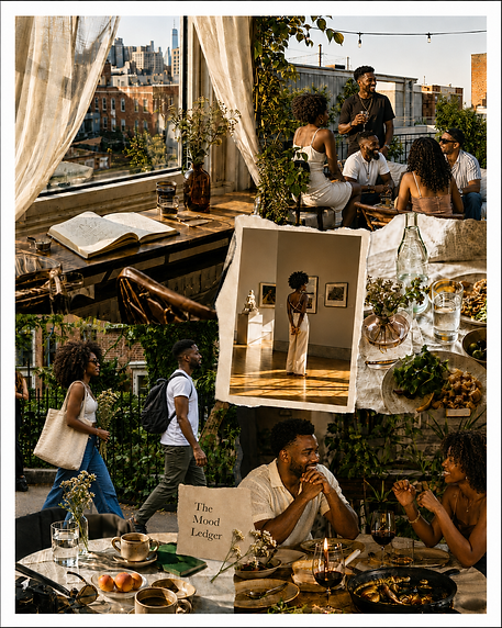 Warm-toned lifestyle mood board with photographs, greenery and interior scenes