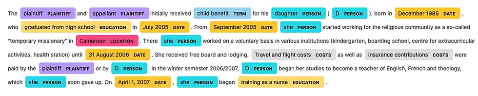 Application of Named Entity Recognition on a judgement text. Among others, it is identified that the judgment is about child benefit and that it is dealing with education-related issues