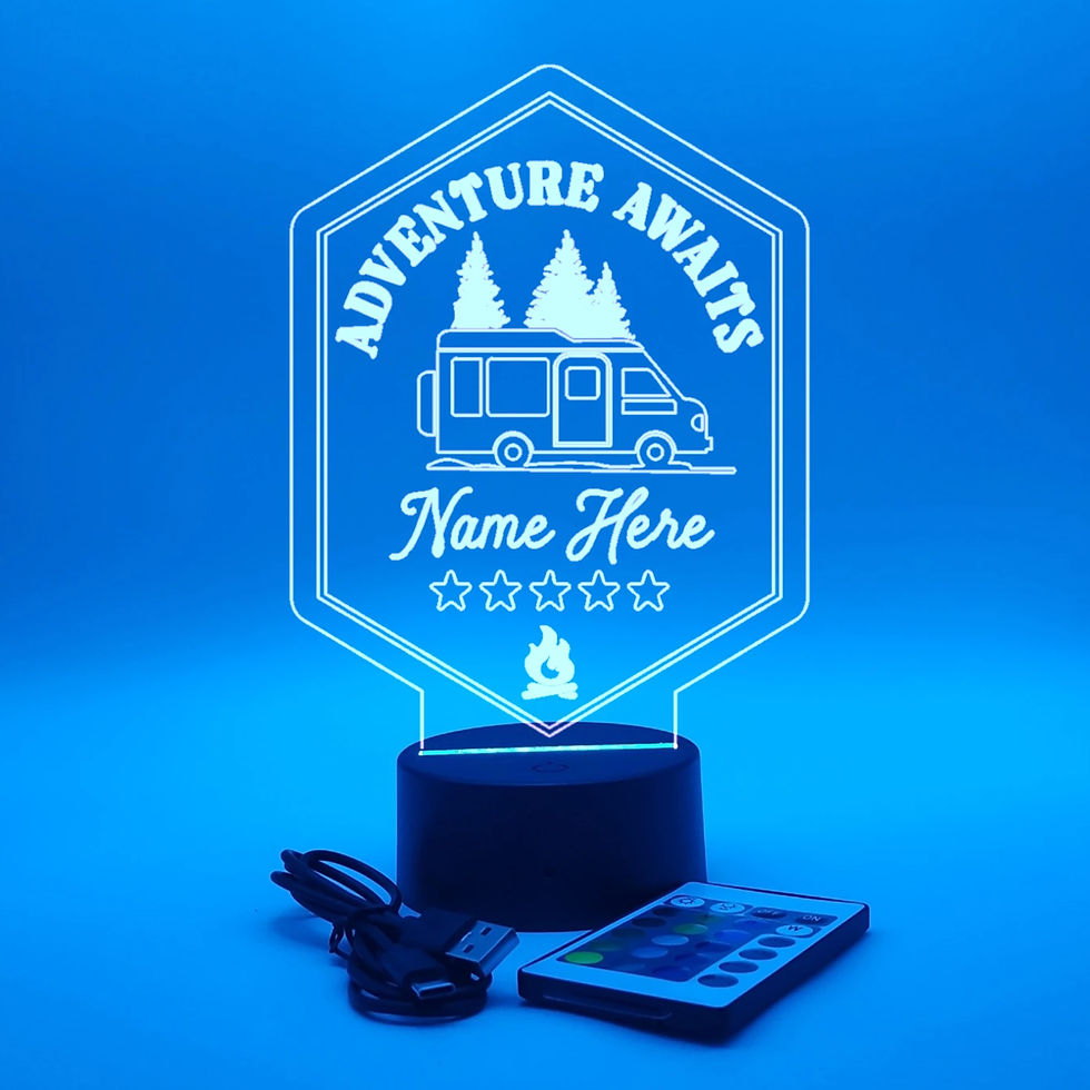 Engraved acrylic RV lamp with multicolor LED base and customizable name plate.