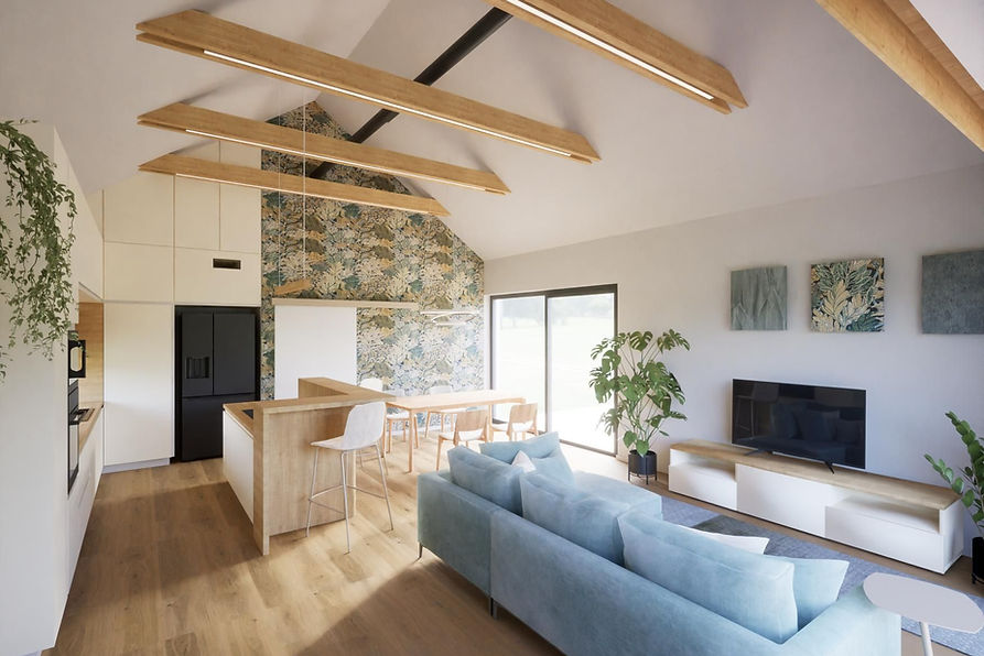 vizualizace varianty návrhu interiéru obývacího pokoje s využitím dekorativní tapety s florálním motivem, návrh Petra Remutová, architekt Brno