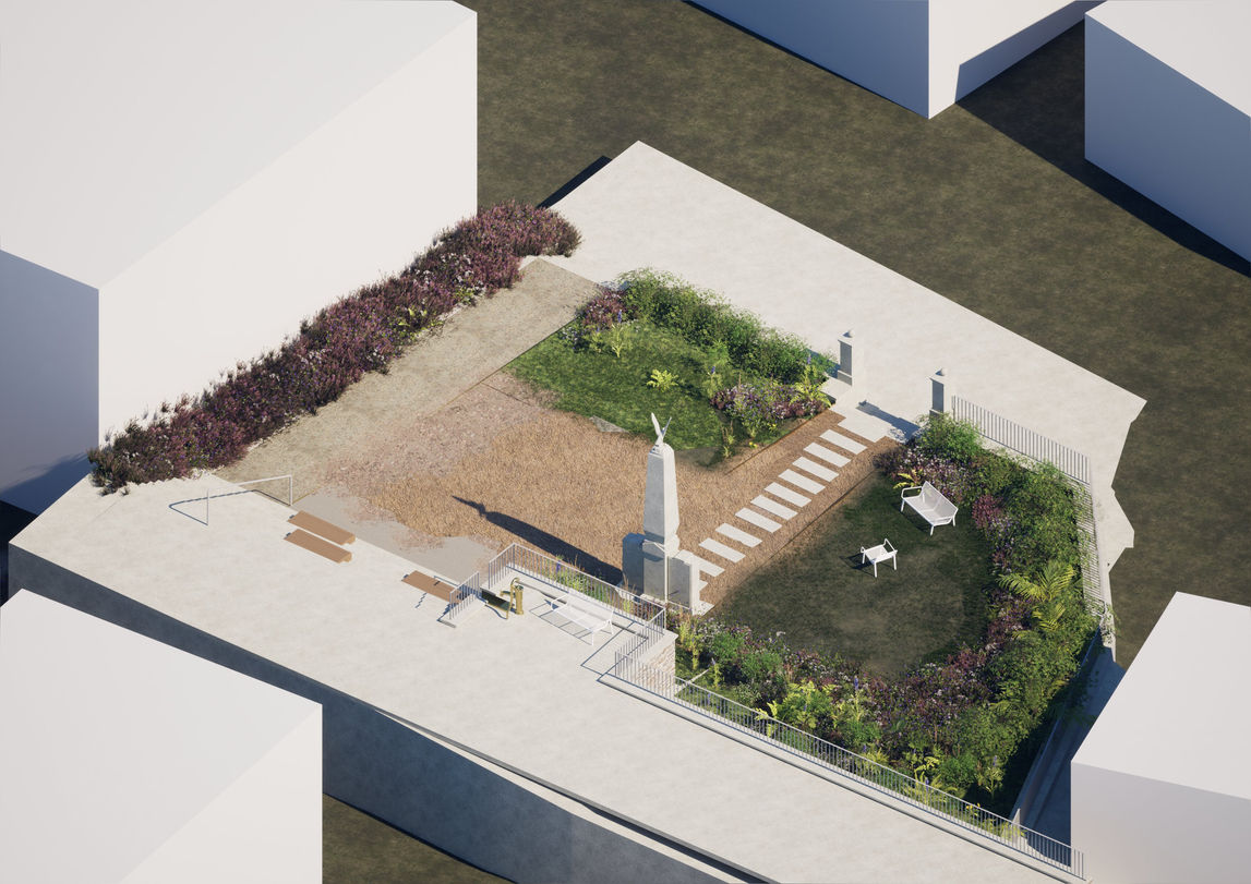 Axonometrická vizualizace návrhu úprav Pomníku obětem 1. a 2. světové války v Dolní Cerekvi zobrazující prostor bez vzrostlých stromů