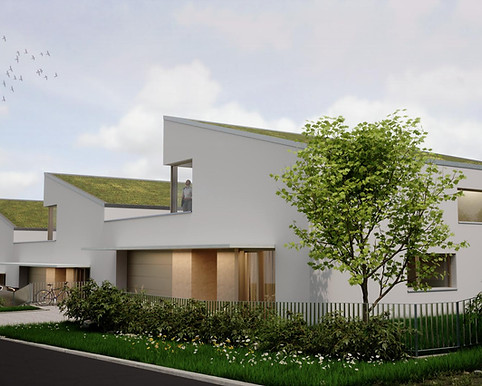 Vizalizace návrhu řadových domů. Moderní architektura, šikmé zelené střechy