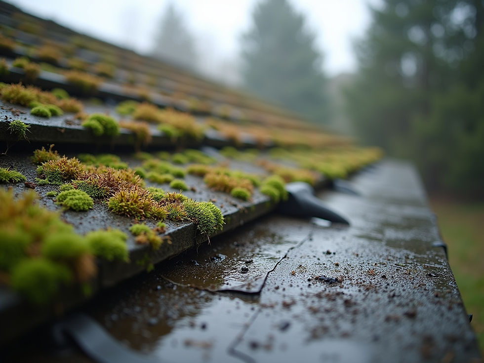 Vue en plongée d’une toiture nord recouverte de mousse verte