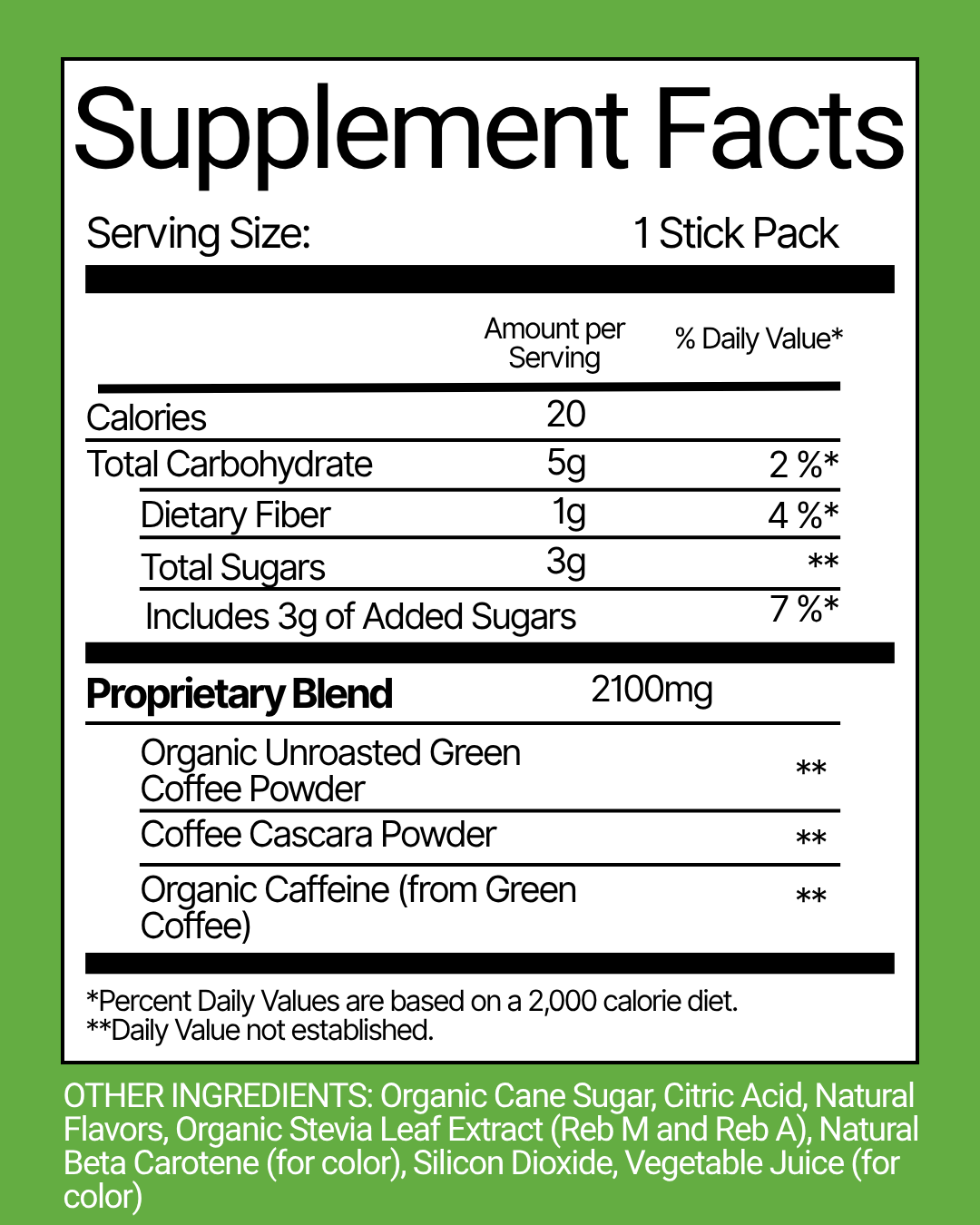 Supplement facts shown on back of URJ Mango gusset bag