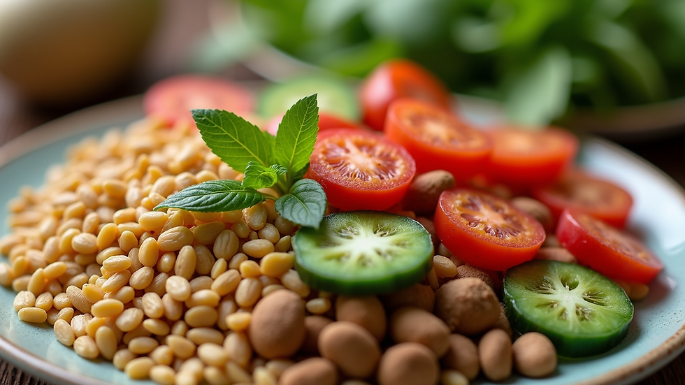Close-up of a colorful plate with fresh vegetables and grains