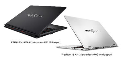 Two laptops, one black and one silver, branded "Mercedes-AMG Motorsport," on a white background. Stylish and sleek design.
