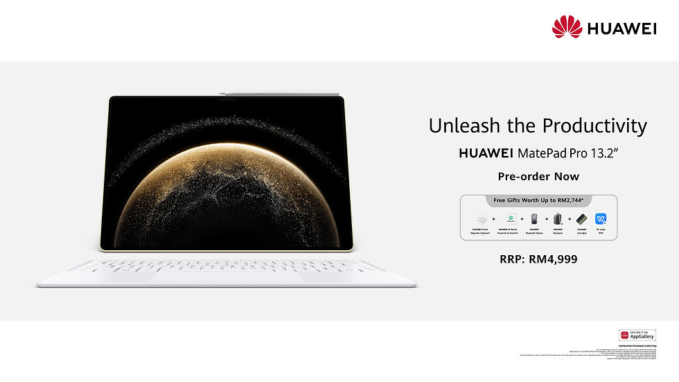 Huawei MatePad Pro 13.2" ad with a sleek keyboard. Text: "Unleash the Productivity." Pre-order offer with free gifts mentioned.