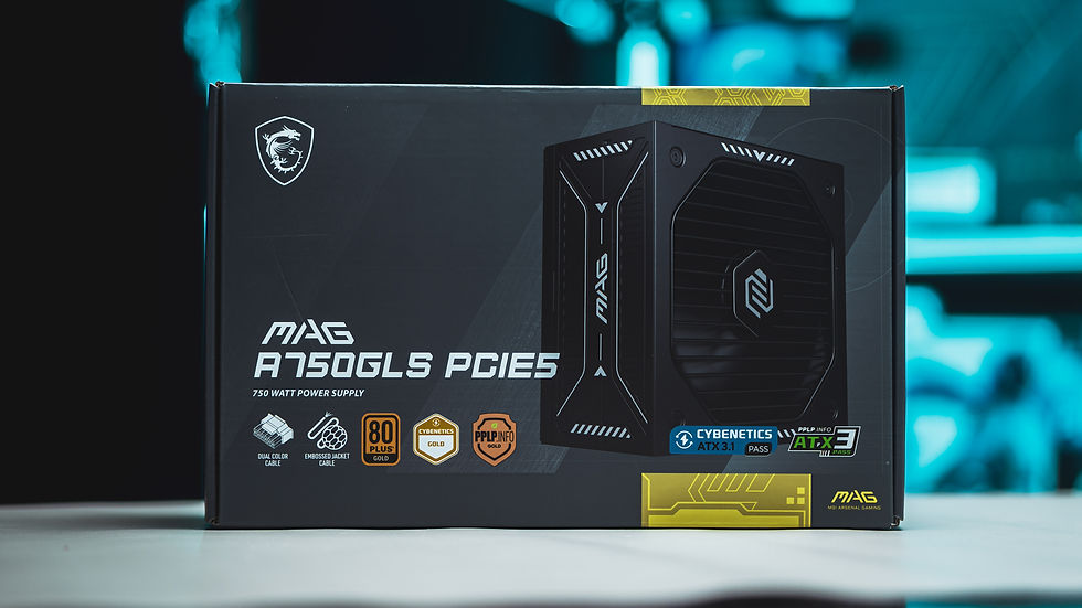 Box of MAG A750GLS PCIe5 power supply on display, featuring logos and specs like 750W, 80 Plus Gold. Background has a blue glow.