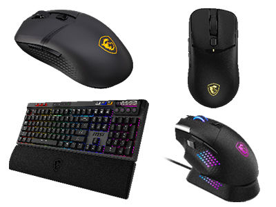 Black gaming keyboard with RGB lights and three black gaming mice featuring yellow and purple logos on a white background.