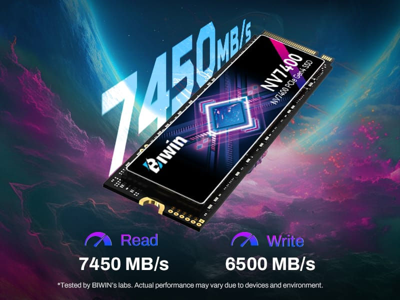 NV7400 SSD displayed in a vibrant cosmic background. Text: "Read 7450 MB/s, Write 6500 MB/s". Fast speed highlighted.