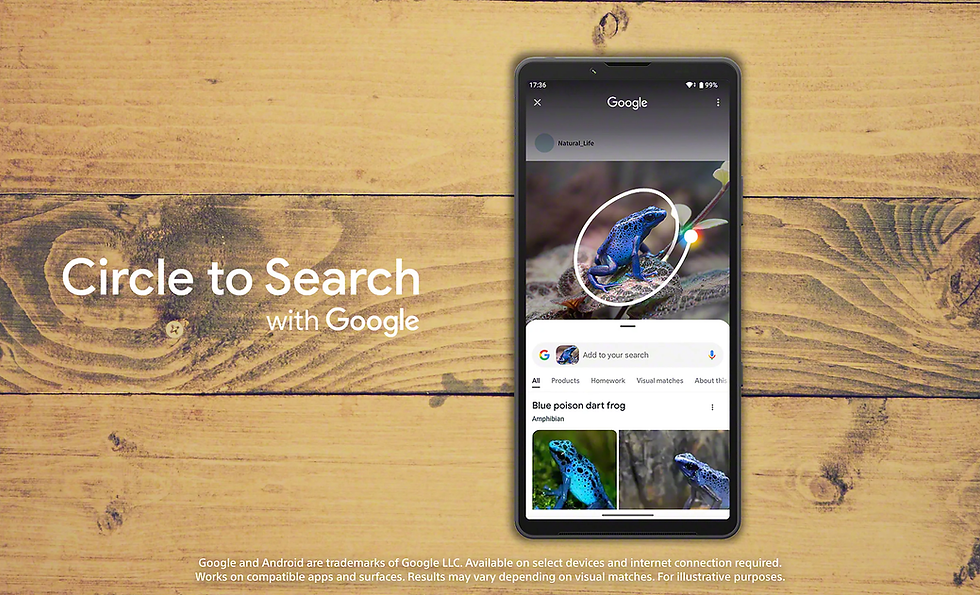Smartphone screen shows Google search of a blue frog, circled. Text reads "Circle to Search with Google" on a wooden background.